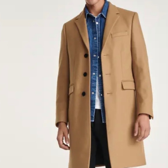 BEIGE STRAIGHT-CUT WOOL COAT LEATHER DETAIL - Picture 3 of 5